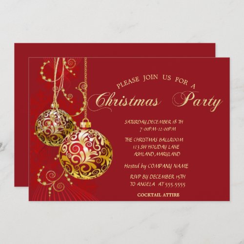 Festive Gold Balls Red Company Christmas Party Invitation