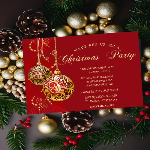 Festive Gold Balls Red Company Christmas Party Invitation