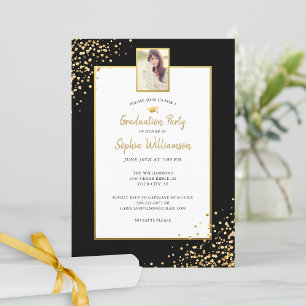 Festive Gold Black Grad Photo Graduation Party Inv Invitation
