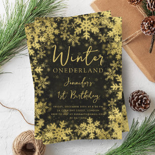 Festive Gold Black Winter ONEDERLAND 1st Birthday Invitation