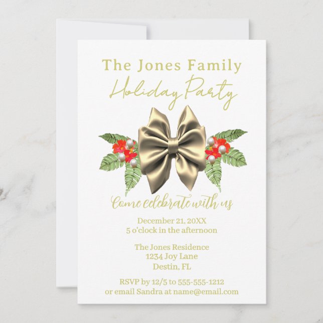 Festive Gold Bow, Green Floral White Holiday Party Invitation (Front)