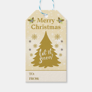Festive Gold Christmas Tree and Snowflakes Gift Tags