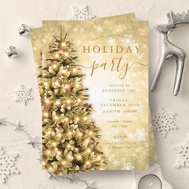 Festive Gold Christmas Tree Company Holiday Party  Invitation (Festive Gold Christmas Tree Company Holiday Party Invitation)