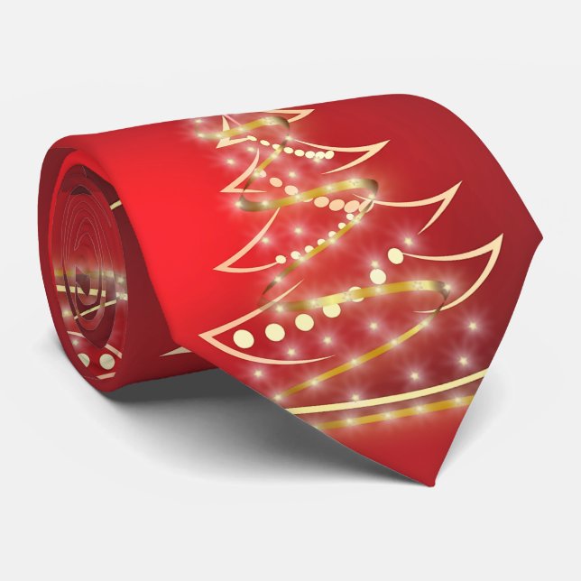 Festive Gold Christmas Tree on Red  Neck Tie (Rolled)
