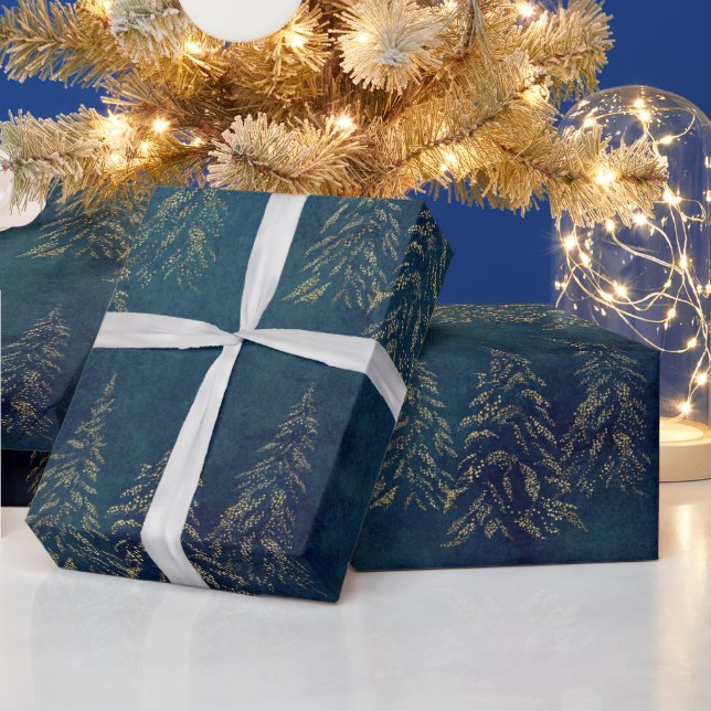 Festive Gold Christmas Trees Blue Midnight Wrapping Paper (Holidays)