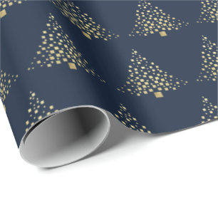 Festive Gold Christmas Trees Navy Blue Wrapping Paper