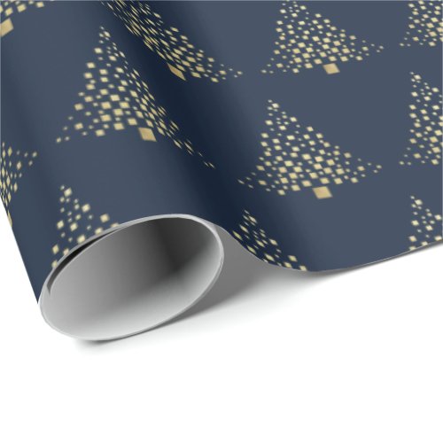 Festive Gold Christmas Trees Navy Blue Wrapping Paper