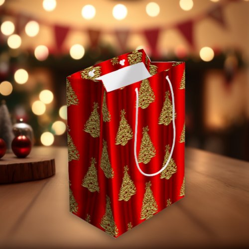 Festive Gold Christmas Trees on Red Medium Gift Bag