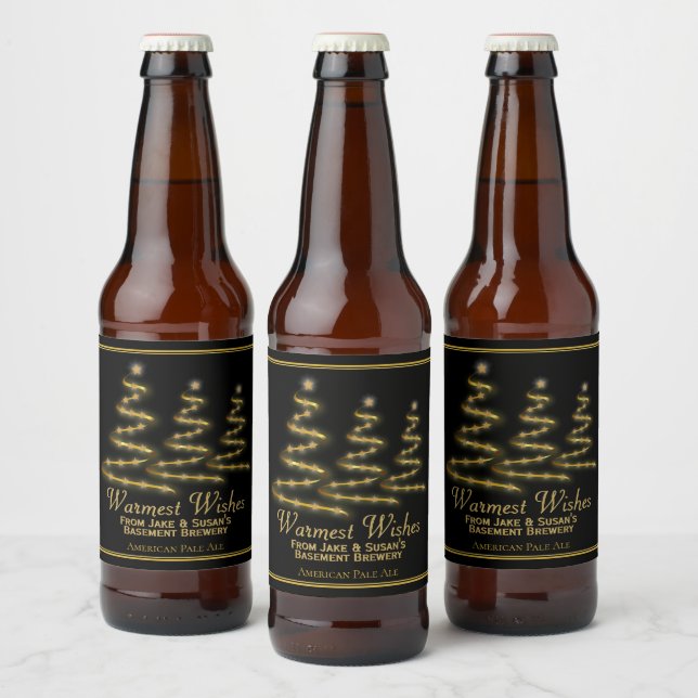 Festive Gold Christmas Trees Warmest Wishes Beer Bottle Label (Bottles)