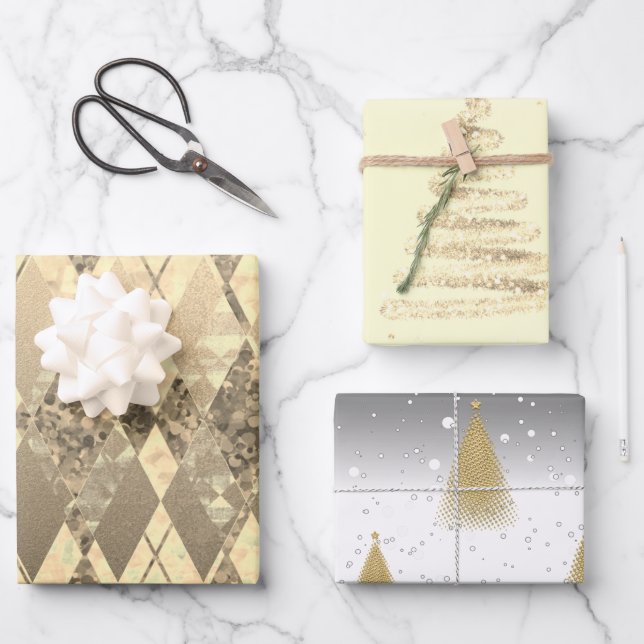 Festive Gold Christmas Tress Harlequin Wrapping Paper Sheets (Front)