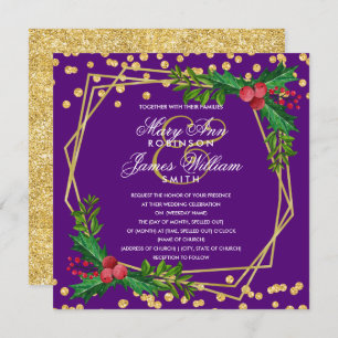 Festive Gold Christmas Wedding Holly Purple Invitation
