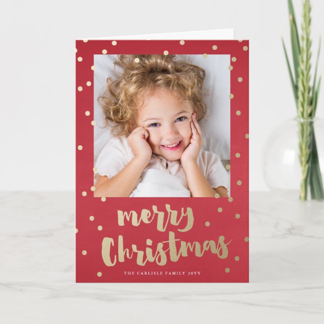 Festive Gold Confetti Dot Red Photo Christmas  Holiday Card (Front)