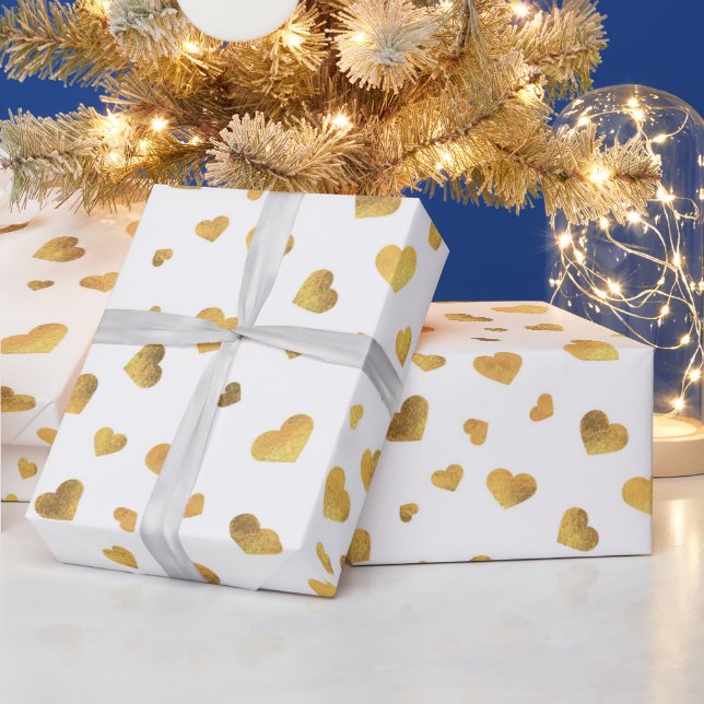 Festive Gold Confetti Hearts Gift  Wrapping Paper (Holidays)