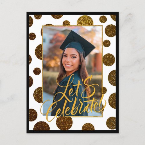 Festive Gold Confetti Modern Graduation Photo  Announcement Postcard