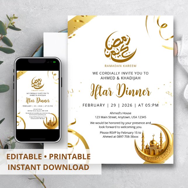 Festive Gold Crescent Ramadan Iftar Dinner Invitation (Creator Uploaded)