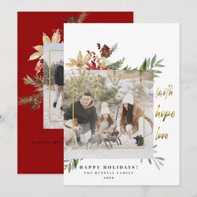 Festive Gold Faith Hope Love 2 Red Photo Christmas Holiday Card (Front/Back)