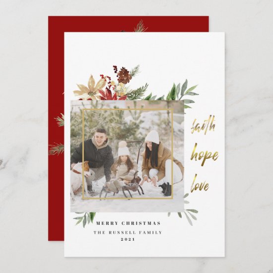 Festive Gold Faith Hope Love 2 Red Photo Christmas Holiday Card