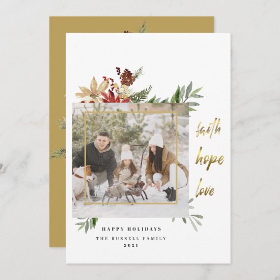Festive Gold Faith Hope Love Two Photo Christmas Holiday Card
