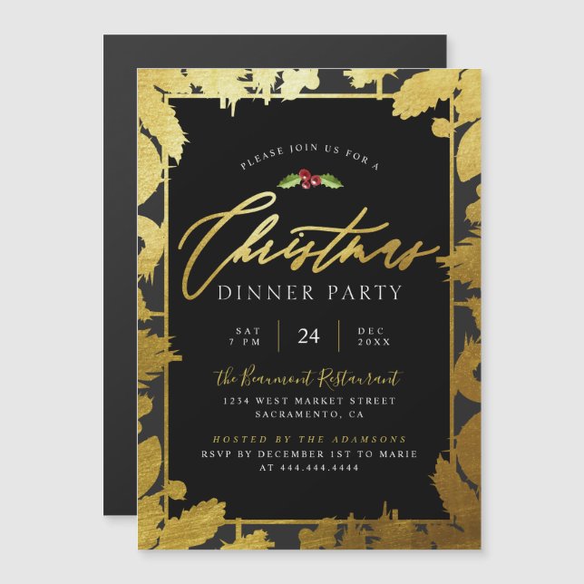 Festive Gold Foil & Black Christmas Dinner Party Magnetic Invitation (Front/Back)