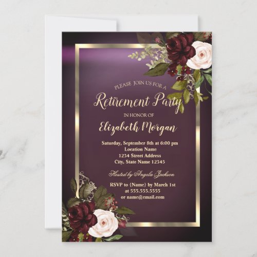 Festive Gold Frame Burgundy Roses Retirement  Invitation