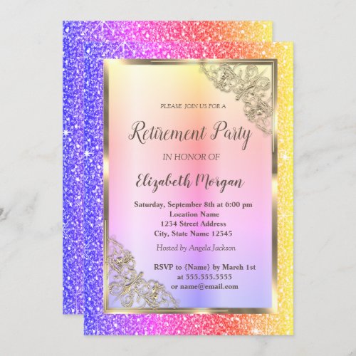 Festive Gold FrameColorful Glitter Retirement Invitation