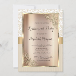Festive Gold Frame,Damask Stripes Retirement Invitation