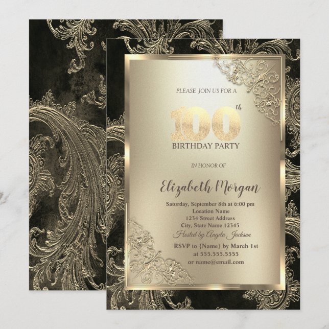 Festive Gold Frame,Floral Damask 100th Birthday Invitation (Front/Back)