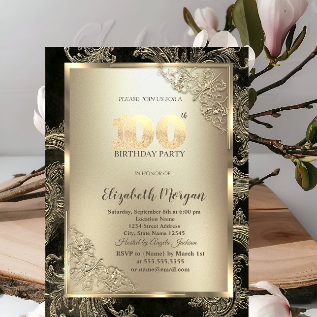 Festive Gold Frame,Floral Damask 100th Birthday Invitation (Creator Uploaded)