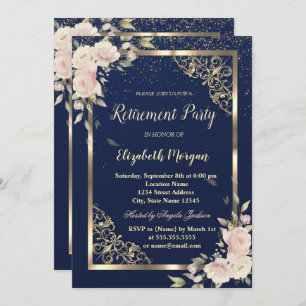 Festive Gold Frame Navy Blue Flowers Retirement Invitation