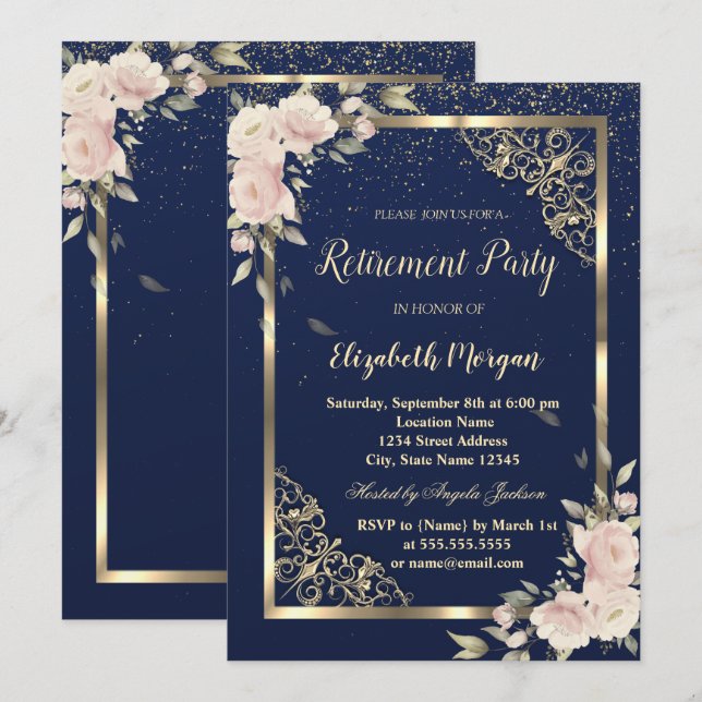 Festive Gold Frame Navy Blue Flowers Retirement Invitation (Front/Back)