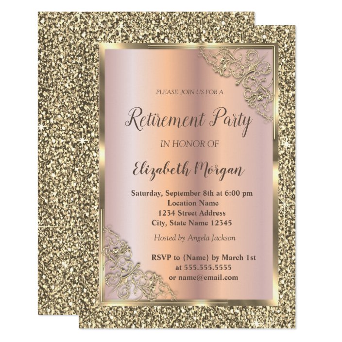 Festive Gold Frame,Rose Gold,Glitter Retirement Invitation | Zazzle.com