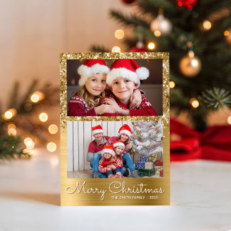 Festive Gold Glam 2 Photo Collage Holiday Card