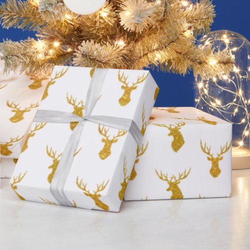 Festive Gold Glitter Christmas Reindeer Wrapping Paper