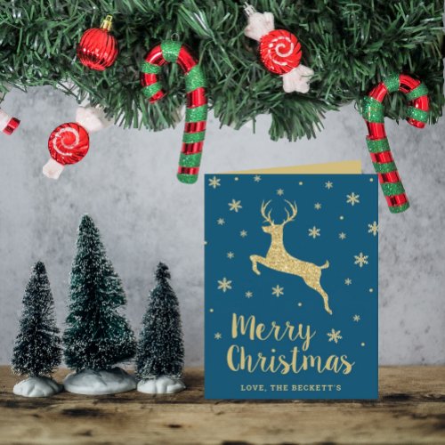 Festive Gold Glitter Reindeer Christmas Photo Holiday Card