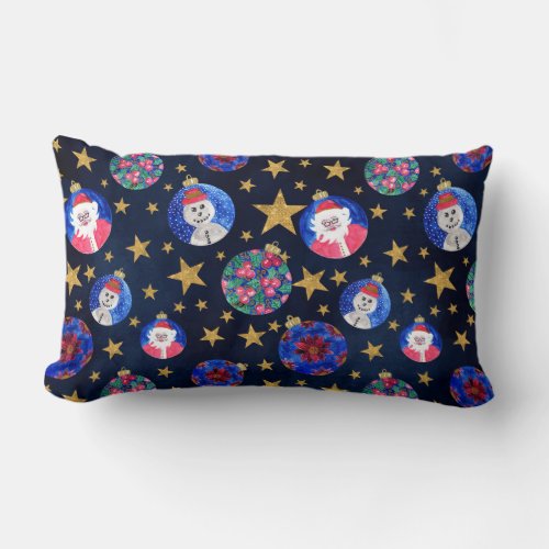 Festive Gold Glitter Stars Ornaments Watercolor Lumbar Pillow