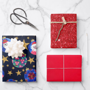Festive Gold Glitter Stars Ornaments Watercolor Wrapping Paper Sheets