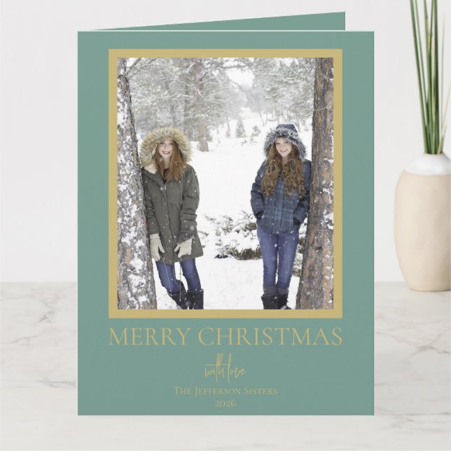 Festive Gold Green Merry Christmas Photo Card (Front)