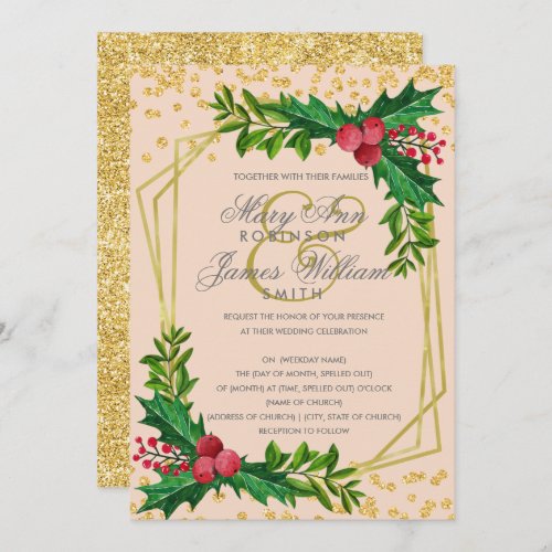 Festive Gold Holiday Christmas Wedding Holly Blush Invitation