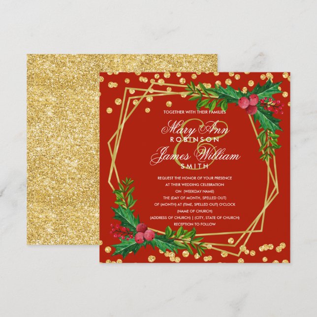Festive Gold Holiday Christmas Wedding Holly Red Invitation (Front/Back)