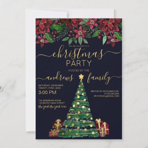 Festive Gold Holiday Tree Gifts Floral Christmas Invitation