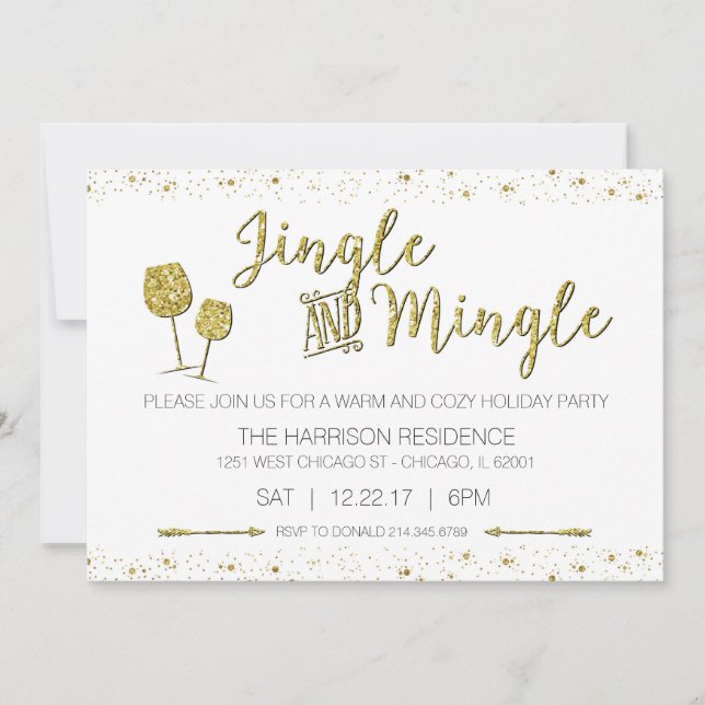 Festive Gold Jingle & Mingle Holiday Party Invite (Front)