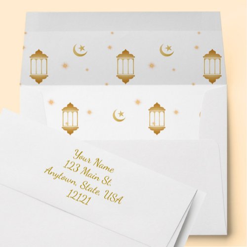 Festive Gold Lantern Moon Stars Return Address Eid Envelope