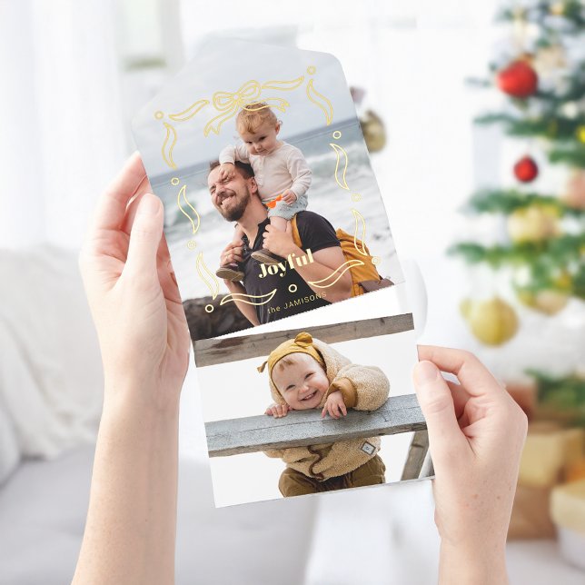 Festive Gold Line Drawn Ribbon Frame 1-Photo Foil All In One Invitation (Creator Uploaded)