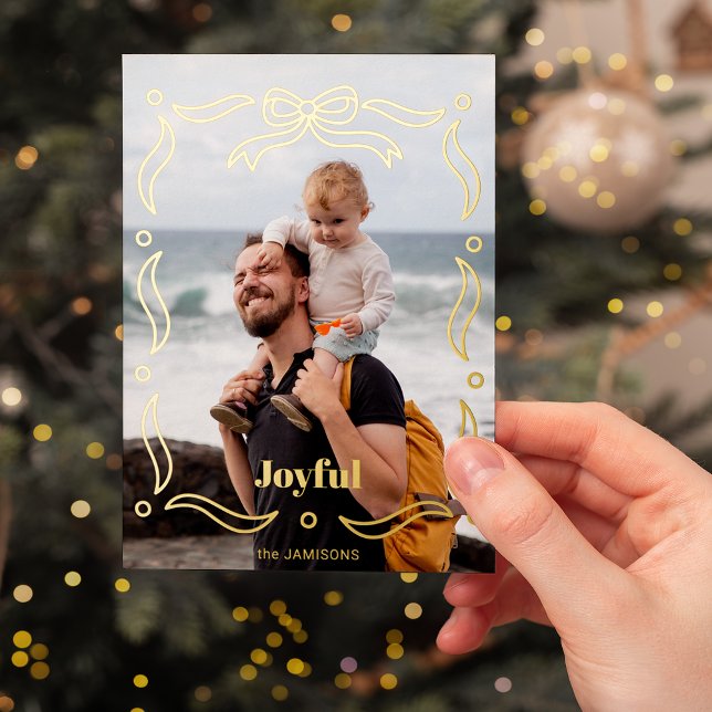 Festive Gold Line Drawn Ribbon Frame 1-Photo Foil Holiday Card (Creator Uploaded)