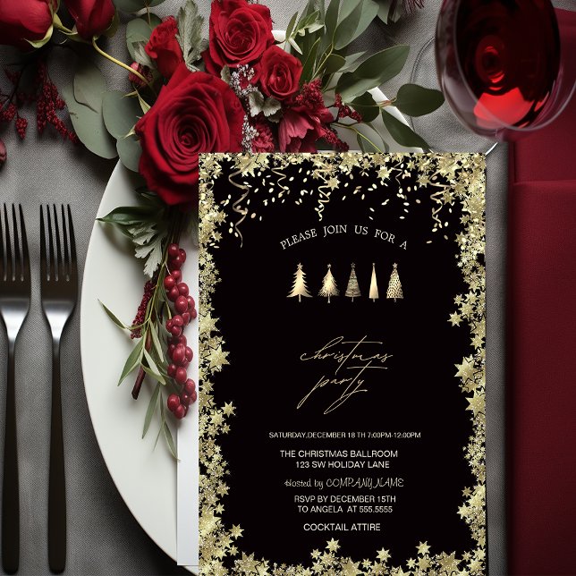 Festive Gold Pine Trees,Stars Christmas Party Invitation (Creator Uploaded)