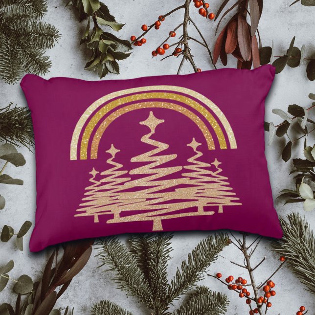 Festive Gold Rainbow Sparkling Fir Trees Accent Pillow (Creator Uploaded)