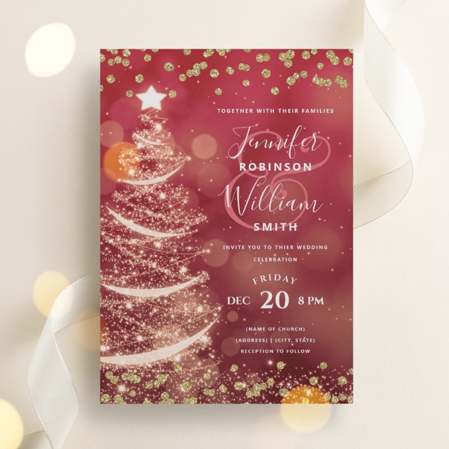 Festive Gold & Red Elegant Wedding Sparkle Tree Invitation (Festive Gold & Red Elegant Wedding Sparkle Tree Invitation)
