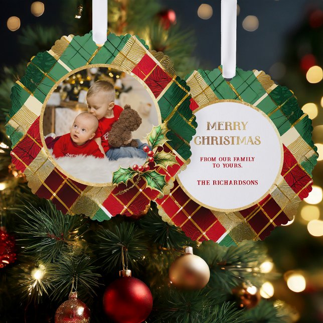 Festive Gold, Red & Green Christmas Plaid Photo Ornament Card (Creator Uploaded)
