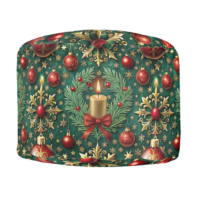 Festive Gold Red Ornaments Snowflakes Christmas Pouf (Front)