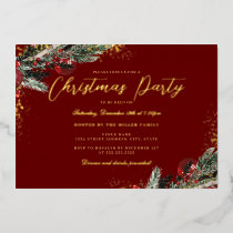 Festive Gold Red Sparkle Foliage Christmas Party Foil Invitation